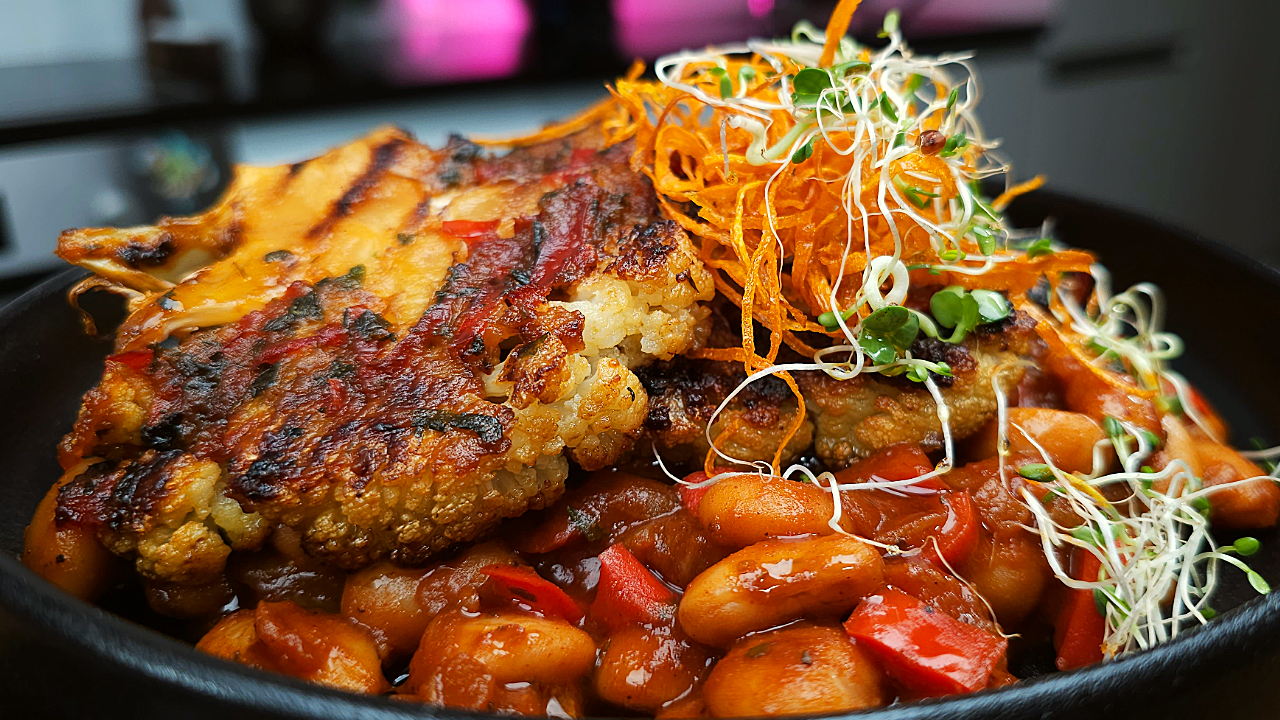 Roasted Cauliflower with Butter Beans & Miso Veggie Sauce (Vegan & Easy)