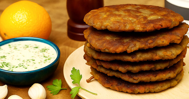 Crispy red lentil patties served with creamy tahini orange sauce – vegan and gluten-free meal