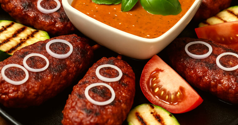 Juicy vegan kofta skewers grilled to perfection on a summer BBQ plate